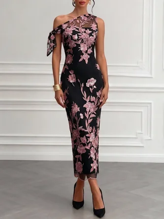 Embroidery Bow Lace One Shoulder Sleeveless Sheath Maxi Dress