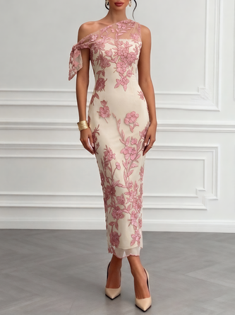 Embroidery Bow Lace One Shoulder Sleeveless Sheath Maxi Dress