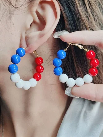 Red Blue Tricolor Beaded Hoop Earrings – Cute 4th July Festive Patriotic Statement Earrings Summer Party