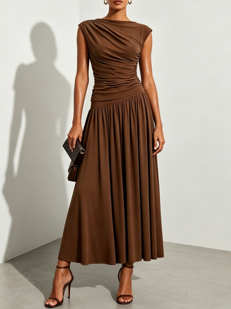 Ruched Knit Boat Neck Cap Sleeve Line Maxi Dress