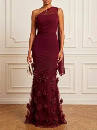 Wine Red 3D Floral Tulle One Shoulder Sleeveless Mermaid Floor length Gown Dress