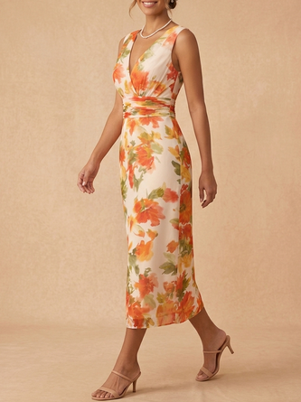 Floral Midi Mother Bride Dress V Neck Line Pleated Waist Wedding Guest Dress