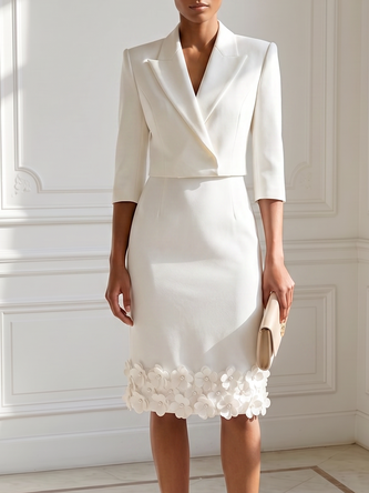3D Floral Shawl Collar Half Sleeve Elegant Dress Coat Two Piece Set