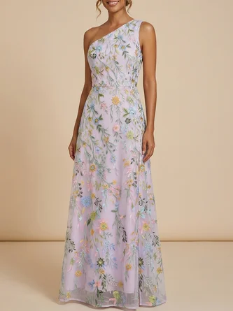 One Shoulder Floral Embroidered Mother Bride Dress Maxi Line Mesh Gown