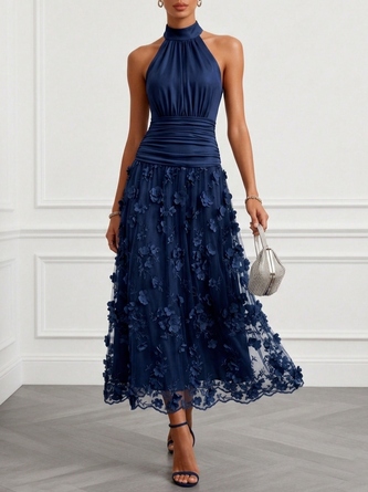 Purplish 3D Floral Embroidery Classic Halter Neck Sleeveless Line Maxi Dress