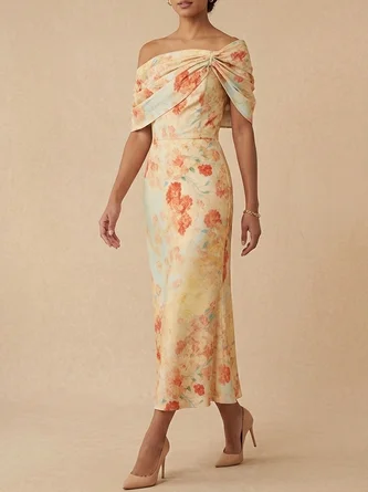 Elegant Floral Off Shoulder Midi Mother Bride Dress