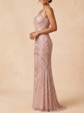 Sequin Mother Bride Dress Rose Gold Geometric Beaded Maxi Gown