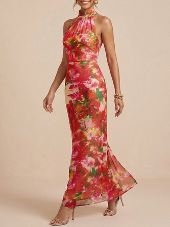 Floral Halter Maxi Mother Bride Dress Chiffon Evening Gown
