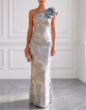 Jacquard 3D Floral Classic One Shoulder Sleeveless Sheath Maxi Dress