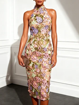3D Floral Classic Halter Neck Sleeveless Sheath Midi Dress