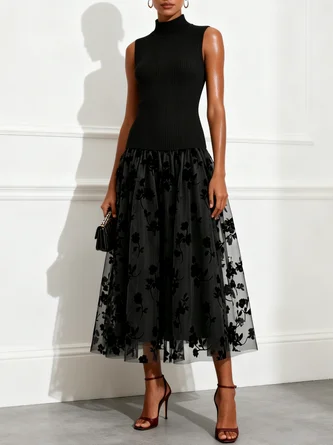 Flocked Knit High Neck Sleeveless Line Maxi Dress