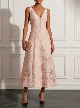 Jacquard Classic V Neck Sleeveless Line Midi Dress