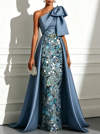 Bow Satin One Shoulder Sleeveless Line Gown Dress