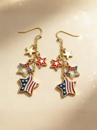 USA Patriotic Star & Stripes Dangle Earrings – Elegant Rhinestone American Flag Drop Earrings Tone Alloy