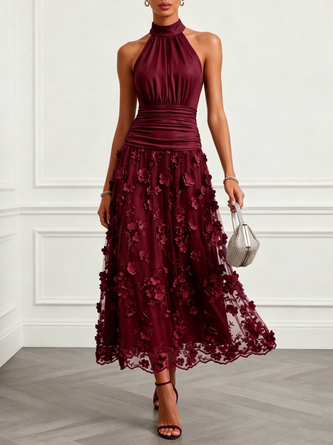Wine Red 3D Floral Embroidery Classic Halter Neck Sleeveless Line Maxi Dress