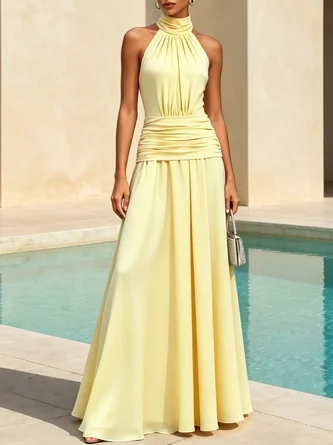 Ruched Chiffon Halter Neck Sleeveless Line Gown Dress