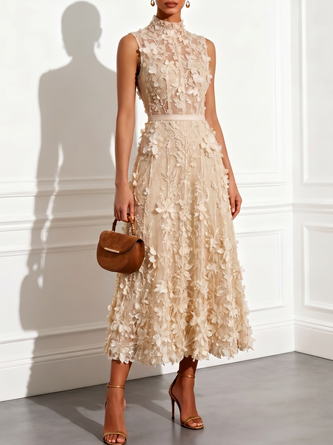 3D Floral Appliqué Lace Mock Neck Sleeveless Line Midi Dress