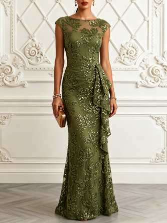 Army Green Glitter Ruffled Sequin Boat Neck Sleeveless Mermaid Gown Dress