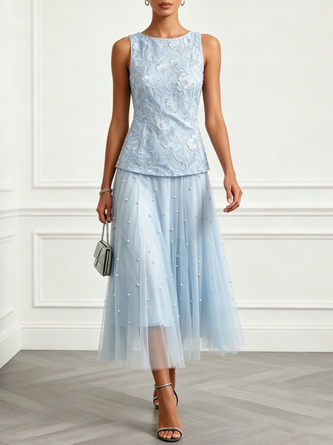 Light Blue Lace Pearl Jacquard Lace Boat Neck Sleeveless Line Maxi Dress
