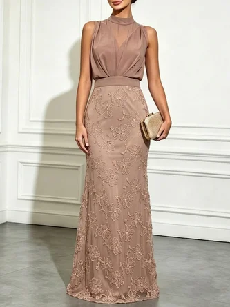 Light Jacquard Ruched Classic Mock Neck Sleeveless Mermaid Gown Dress