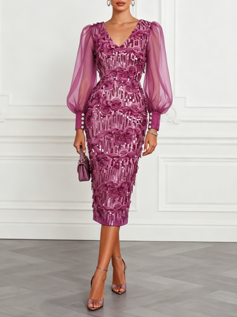 3D Floral Sequin V Neck Long Sleeve Balloon Sleeve Sheath Midi Dress