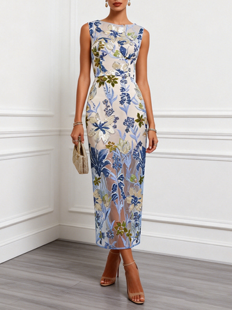 Sequin Embroidery Classic Boat Neck Sleeveless Mermaid Floor length Gown Dress