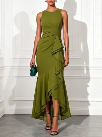 Ruffled Knit Crew Neck Sleeveless Bodycon Maxi Dress