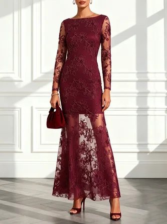 Wine Red Jacquard Lace Boat Neck Long Sleeve Mermaid Maxi Dress