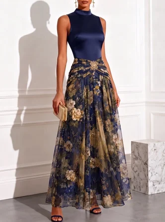 Deep Satin Floral Chiffon Mock Neck Sleeveless Line Maxi Dress