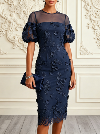 Purplish 3D Floral Appliqué Lace Crew Neck Short Sleeve Puff Sleeve Sheath Midi Dress