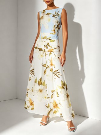 Light Blue Floral Ruched Classic Boat Neck Sleeveless Line Maxi Dress