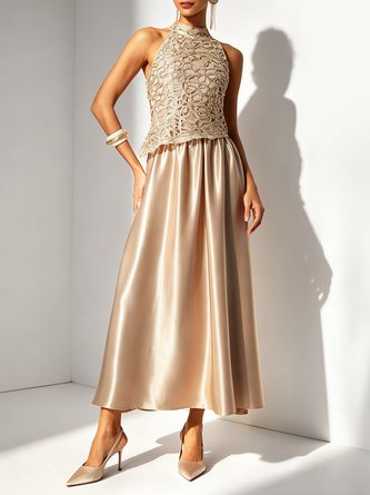 Champagne Lace Satin Crew Neck Sleeveless Line Maxi Dress