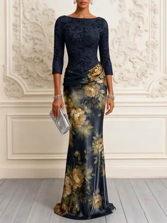 Purplish Floral Satin Boat Neck Half Sleeve Mermaid Gown Dress