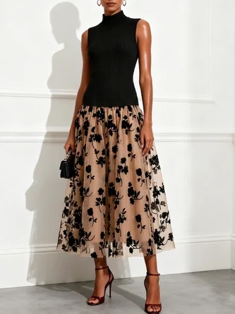 Flocked Knit High Neck Sleeveless Line Maxi Dress