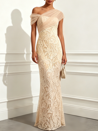Mesh Lace Asymmetrical Short Sleeve Mermaid Floor Length Dress