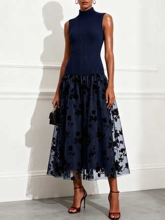 Navy Blue Flocked Knit High Neck Sleeveless Line Maxi Dress