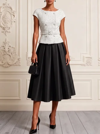 white Glitter Tweed Crew Neck Long Sleeve Elegant Coat Skirt Two Piece Set