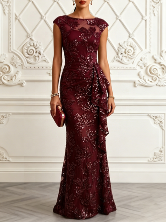 Wine Red Glitter Sequin Ruffled Sequin Boat Neck Sleeveless Mermaid Gown Dress