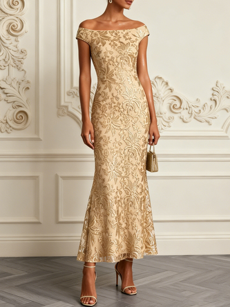 Champagne Jacquard Bone Lace Off Shoulder Short Sleeve Mermaid Maxi Dress