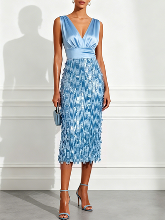 Light Blue Sequin V Neck Sleeveless Sheath Midi Dress