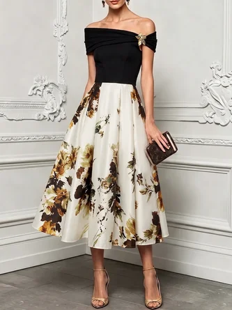 Metal Floral Classic Off Shoulder Short Sleeve Line Midi Dress