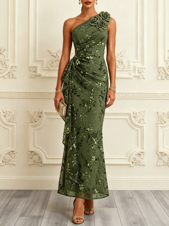 Army Green 3D Floral Ruffled Classic One Shoulder Sleeveless Mermaid Maxi Dress