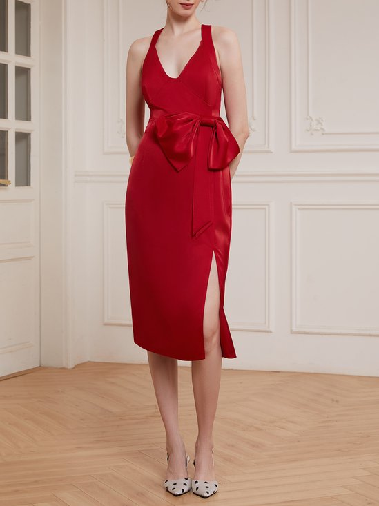 Red Bow V Neck Sleeveless A-Line Midi Dress