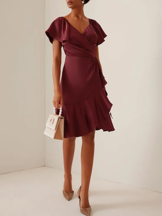 Wine Red Cross Neck Short Sleeve Knee-Length A-line Dress