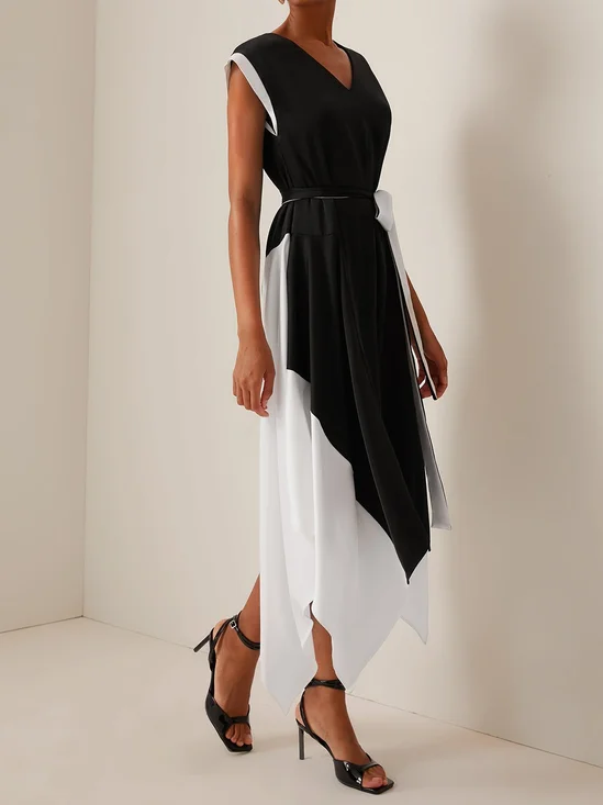 Black-white V Neck Short Sleeve Tie Waist Midi Dress