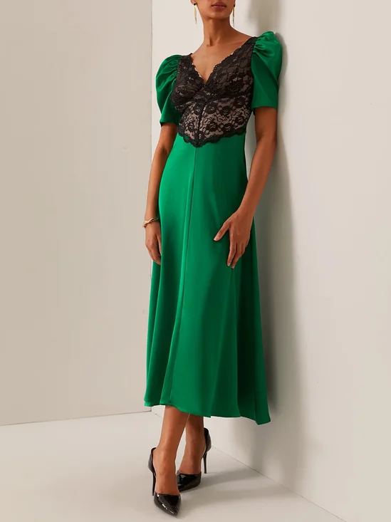 Green Lace Short Sleeve A-Line Maxi Dress