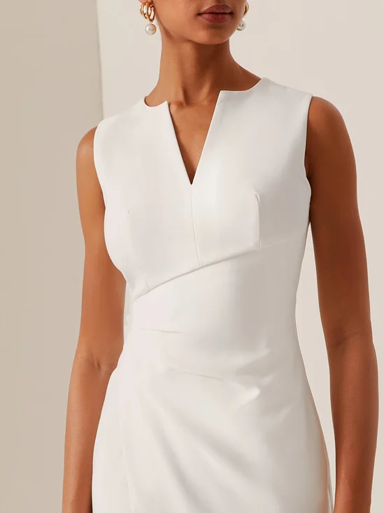 White V Neck Sleeveless Slit Sheath Midi Dress