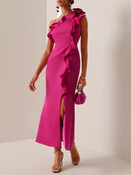 Rose Red One-Shoulder Flouncing Maxi Dress