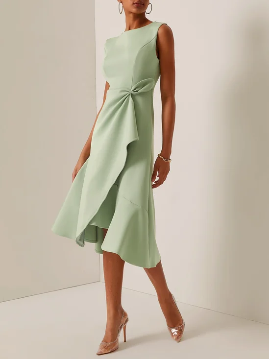 Green Commuting Sleeveless Boat Neck Plain A-line Midi Dress