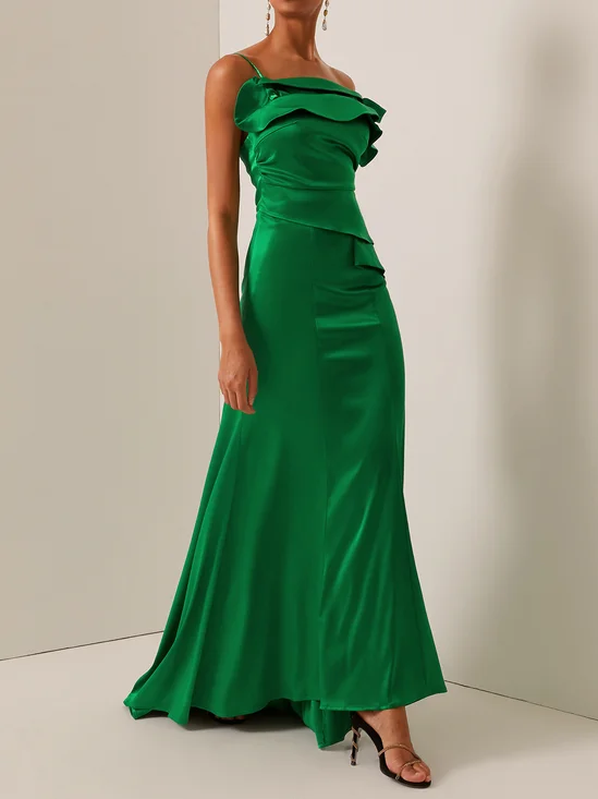 Green Ruched One Shoulder Sleeveless A-Line Gown